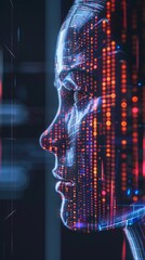 Wall Mural - Side profile of a futuristic artificial intelligence computer head with glowing lines and data. Digital background