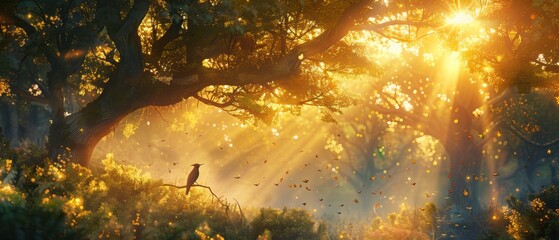 Sticker - A sunlit forest clearing with tall, ancient trees, golden rays filtering through leaves, bird perched on branch, low angle, vibrant colors, ethereal atmosphere., Leading lines, centered in frame,