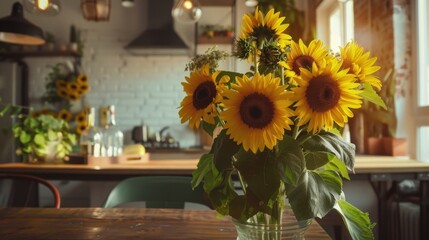 Wall Mural - A bouquet of sunflowers in a modern loft apartment, on an industrial-style table, capturing a blend of natural beauty and urban style. 