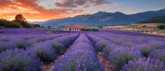 Canvas Print - A picturesque lavender field at golden hour, rows of blooming lavender stretching into the distance, farmhouse in background, wide-angle, dreamy and fragrant., Leading lines, centered in frame,