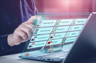Convert files and edit digital document formats. Users convert document on programs platform online. concept of technology transforms document files to PDF, Doc, and images, changes video size.