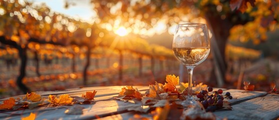 Sticker - A picturesque vineyard at sunset, rows of grapevines, golden light filtering through leaves, a wine glass on a rustic table, wide-angle, warm and inviting., Leading lines, centered in frame, natural