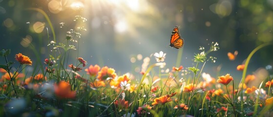 Wall Mural - A peaceful meadow in spring, wildflowers in bloom, butterflies fluttering, soft sunlight, wide-angle, serene and vibrant., Leading lines, centered in frame, natural light