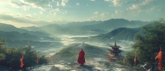 Sticker - A tranquil monastery in the mountains, monks in traditional robes, prayer flags fluttering, soft morning light, wide-angle, serene and spiritual., Leading lines, centered in frame, natural light