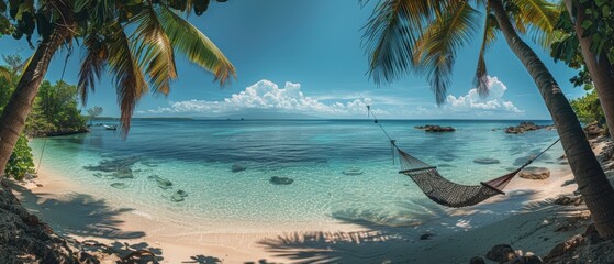 Sticker - A serene beach with crystal clear waters, palm trees swaying, a hammock between two trees, wide-angle, relaxing and tropical., Leading lines, centered in frame, natural light