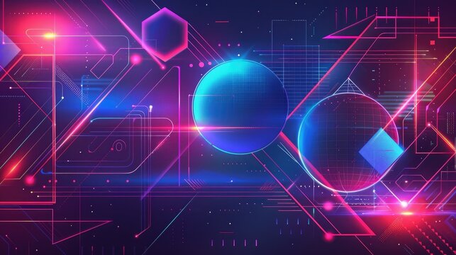 Futuristic line graphic with geometric shapes and neon colors on dark background