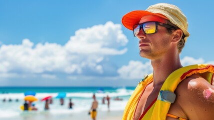 Wall Mural - A lifeguard with sunburn and visible UV rays, on a bright beach, showcasing the risks of UV exposure.