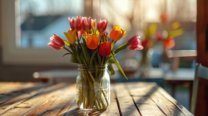 Wall Mural - A mixed bouquet of multicolored tulips in a rustic mason jar, placed on a farmhouse kitchen table, emphasizing a cheerful and homey atmosphere
