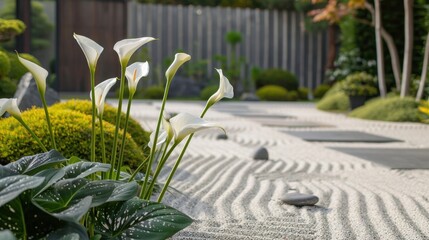 Wall Mural - A row of calla lilies in a minimalist zen garden, with raked sand and stone sculptures, showcasing tranquility and simplicity. 