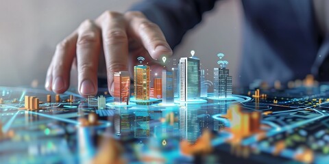 Wall Mural - Businessman touching smart city technology concept with buildings and icons on virtual screen background, the businessman touches a digital futuristic interface for the internet of things