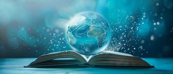 Wall Mural - Futuristic global education with open book and globe map on blue background. World book day. International literacy day