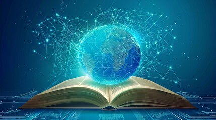 Wall Mural - Futuristic global education with open book and planet map on blue background. World book day. International Literacy Day