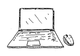 hand drawn doodle sketch of a laptop computer with white background