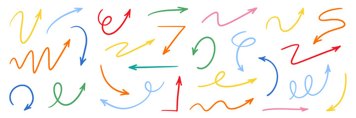 Aufkleber - Arrow vector hand drawn sketch icon set. Doodle sketch hand drawn color direction element set. Color doodle line graphic design elements. Left, right, growth direction arrow. Vector illustration