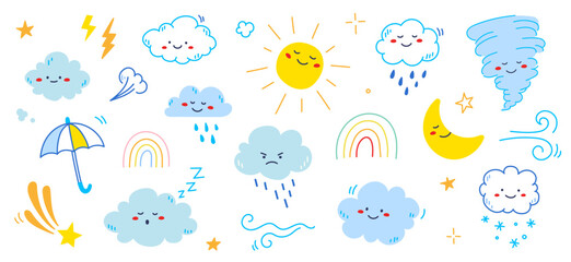 cloud rain weather cartoon cute set. cloud, sun, moon weather character with smile and angry face. h