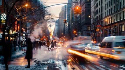 Wall Mural - Dynamic winter cityscape  urban streets alive with motion under a vibrant sunset sky