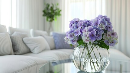 Wall Mural - A vase of purple hydrangeas on a modern glass table, in a minimalist living room, showcasing simplicity and elegance. --ar 16:9 --style raw Job ID: 9b93e88a-34f5-4d55-8519-69af296e275c