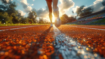 Wall Mural - paralympic female athlete with a prosthetic leg running on the track, with a stadium in the background.