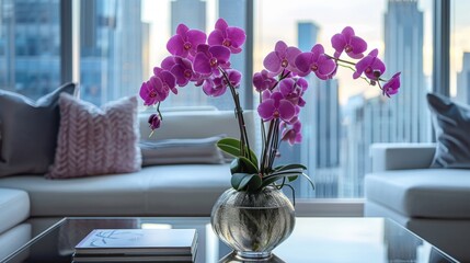 Wall Mural - A vase of purple orchids on a sleek, modern coffee table, in a high-rise apartment with city views, showcasing luxury and sophistication. 