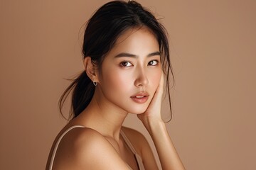 A beautiful Asian woman with her hand touching the side of her face, wearing a light beige sleeveless top, posing for a beauty commercial in a studio setting against a brown background