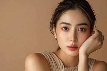 A beautiful Asian woman with her hand touching the side of her face, wearing a light beige sleeveless top, posing for a beauty commercial in a studio setting against a brown background