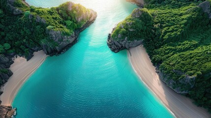 Poster - A stunning aerial view of a tropical cove with turquoise water, sandy beaches, and lush green cliffs at sunrise. Perfect for travel and nature photography.