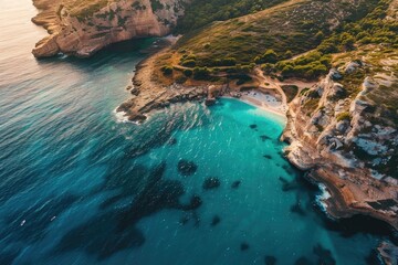 Wall Mural - A stunning aerial view of a picturesque coastline with turquoise waters, rugged cliffs, and lush greenery, perfect for nature and travel imagery.