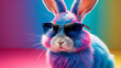© UniklyImaginative - Cute BUNNY wearing sunglasses in whimsical fantasy creative setting, colorful illustration psychedelic wonder and joy with animals pets