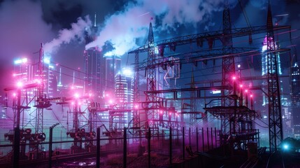 Wall Mural - Create a night scene of a high voltage distribution hub illuminated by the glow of neon lights, with steam rising from transformers against a backdrop of city skyscrapers 