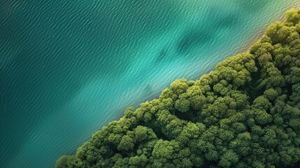 Poster - Aerial view of a lush green forest adjacent to clear turquoise water, showcasing the stunning natural contrast and beauty.