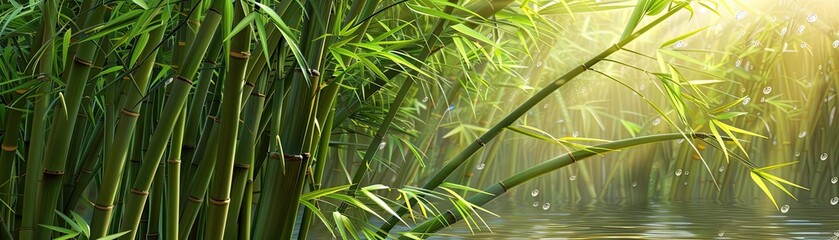 Aufkleber - Sunlight filtering through dense bamboo forest, lush green stems and leaves creating a tranquil and peaceful natural setting.