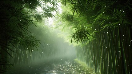 Poster - Serene bamboo forest path with sunlight filtering through green foliage, creating a tranquil and peaceful natural scenery.