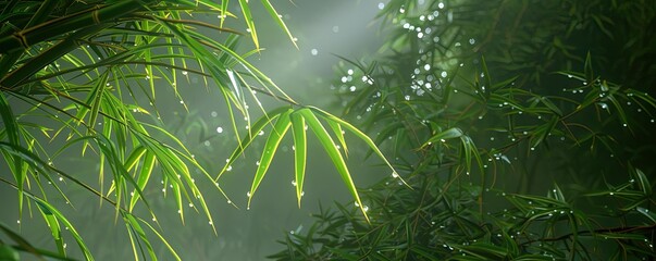 Poster - Morning sunlight filters through lush bamboo leaves, creating a serene and refreshing atmosphere in a dense forest.
