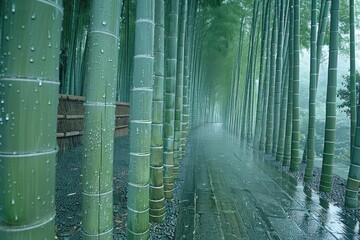 Poster - Serene bamboo forest pathway with tall green bamboo trees, misty atmosphere, and rain droplets on the leaves and stems.