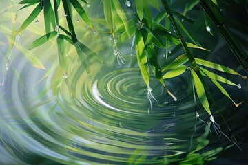 Poster - Close-up of bamboo leaves with water droplets and ripples in a tranquil pond, green and serene natural background, peaceful and calming nature scene.