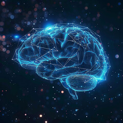 Blue wireframe brain glowing on dark space background