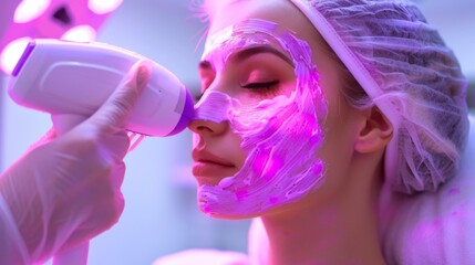 Wall Mural - A woman is getting her face painted with a purple substance