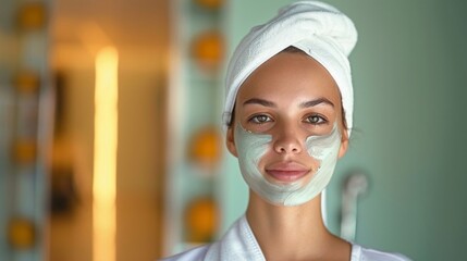 Wall Mural - A woman is wearing a white robe and a towel on her head