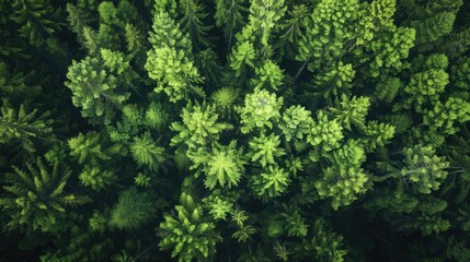 Aerial view of lush green pine trees creating a dense forest canopy. Perfect for nature and environmental backgrounds.