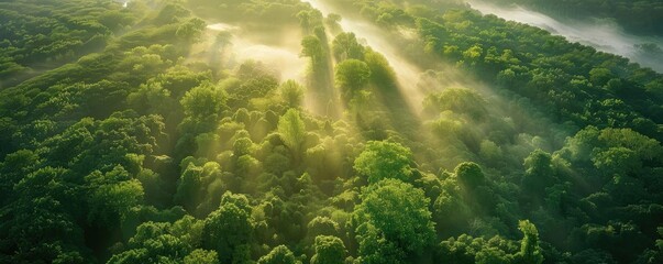 Poster - Aerial view of a lush green forest with sunrays piercing through the canopy, creating a serene and tranquil natural landscape.
