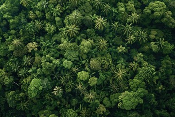 Poster - Aerial view of lush green tropical forest showcasing dense vegetation and diverse plant species, creating a vibrant natural landscape.