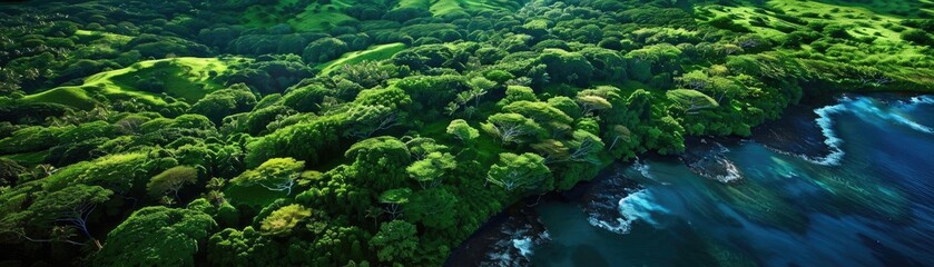 Poster - Aerial view of lush green forest and coastline with vibrant blue waters, showcasing the beauty of nature and the sea.