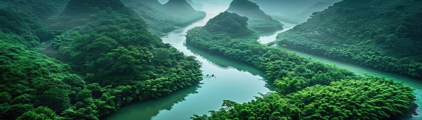 Poster - A stunning aerial view of winding river through lush green rainforest, surrounded by misty mountains, showcasing breathtaking natural beauty.