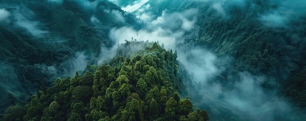 Aufkleber - A breathtaking aerial view of a lush, misty forested mountain range, enveloped in misty clouds, capturing nature's serene beauty and tranquility.