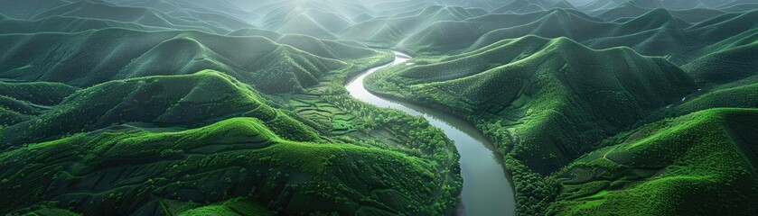 Poster - A stunning aerial view of a lush green winding river valley surrounded by rolling hills under sunlight, showcasing pristine natural beauty.