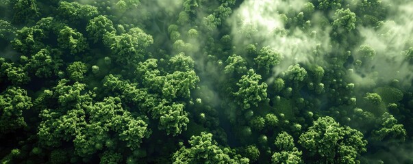 Poster - Aerial view of lush green rainforest covered in mist, showcasing the dense and pristine natural beauty of an untouched jungle.