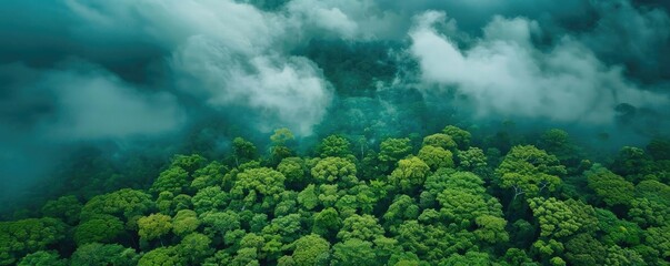 Aufkleber - Aerial view of a lush green rainforest with clouds overhead, capturing the beauty of nature and the dense foliage of the forest.