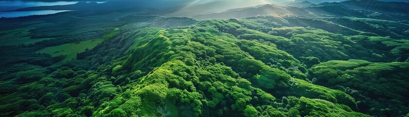 Wall Mural - Aerial view of lush green forest-covered hills under serene skies, highlighting nature's beauty and tranquility in vibrant hues.