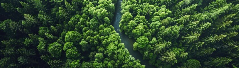 Poster - Aerial view of lush green forest canopy with a narrow pathway cutting through the dense trees, showcasing nature's serene beauty and tranquility.