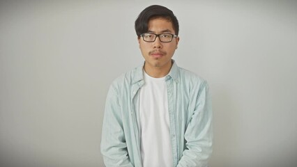 Sticker - Young chinese man wearing glasses standing with serious expression on face. simple and natural looking at the camera. over isolated white background